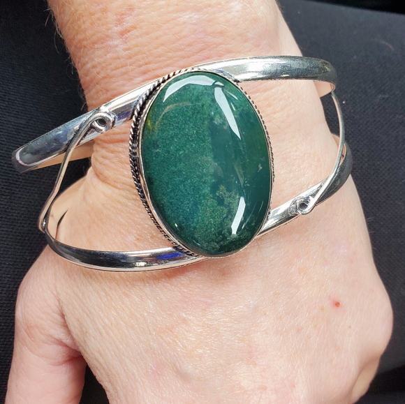 New Indian Moss Agate 925 Silver Cuff Bracelet. - Picture 8 of 10